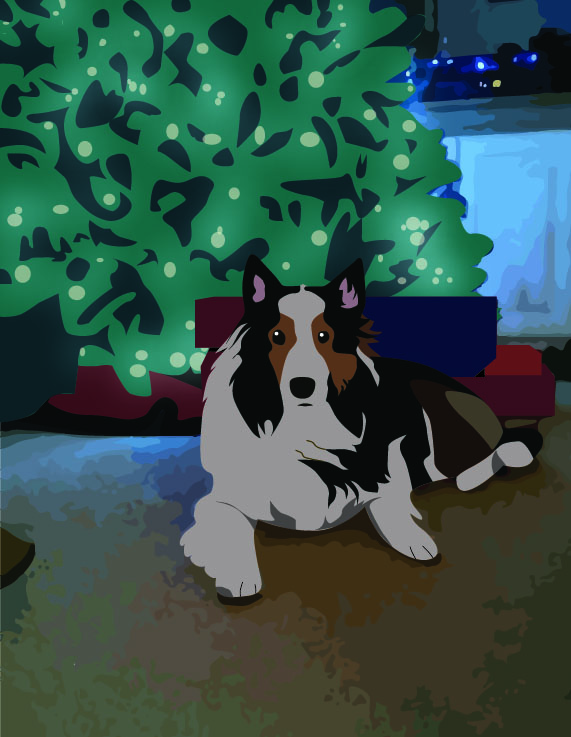 Adobe Illustrator vector graphic design of a dog laying on the floor in front of a Christmas tree